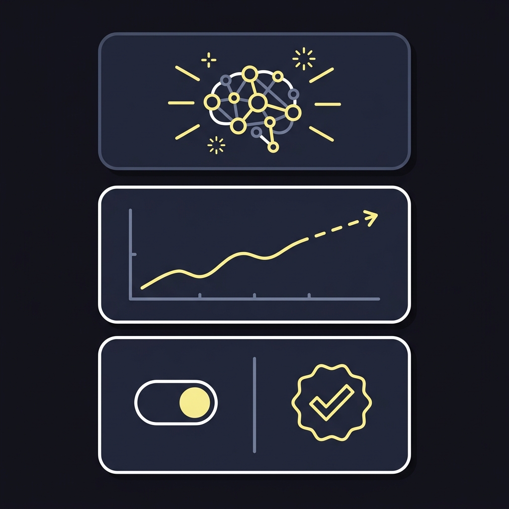 Minimal 2D vector tech stack illustration for a sports betting bot showing an ideation LLM node a time series forecast chart and a human approval gate on Funded Plays dark palette