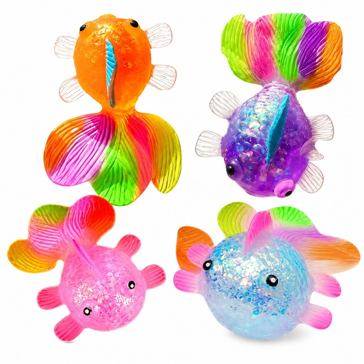 A rainbow tail sugar fish squishy in bright candy colours