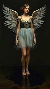 Ethereal Angelic Figure in Tulle Skirt and Steampunk Armor