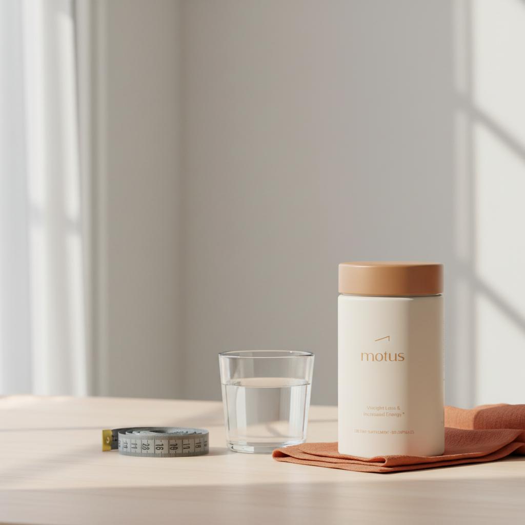 Minimalist photo of Tonum supplement jar on #F2E5D5 background with glass of water and measuring tape, illustrating berberine belly fat reduction.