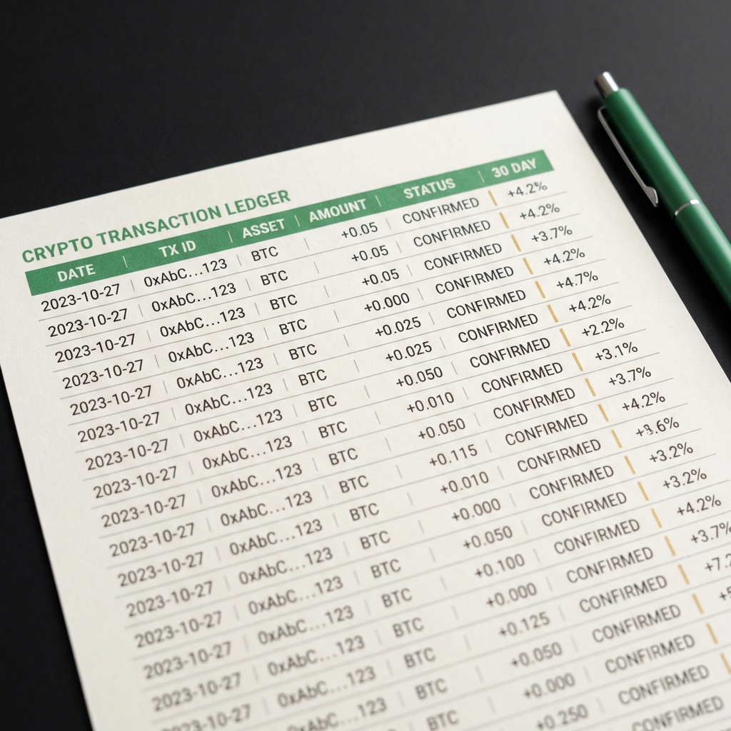 Close up photo of a printed crypto transaction ledger with the 30 day column highlighted in gold and a green pen accent on a dark background 30 day rule in crypto
