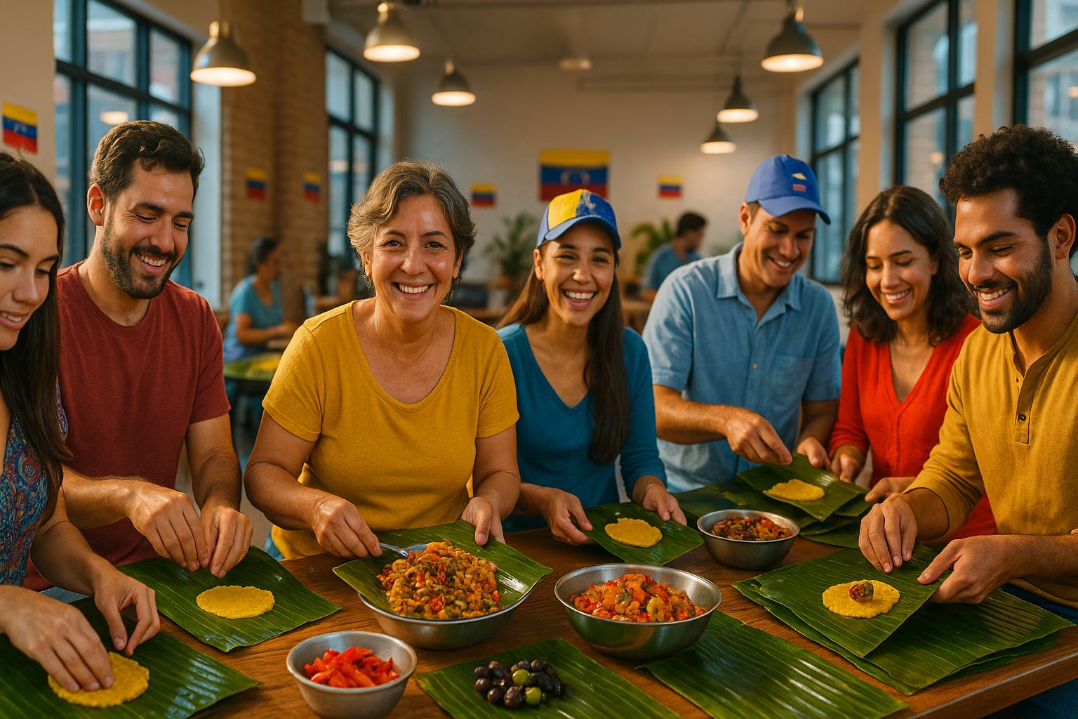 Venezolanos en la diáspora preparando hallacas en comunidad