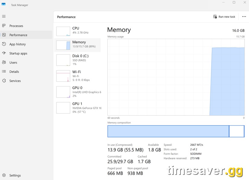 Windows Task Manager Performance tab showing memory saturated at 89% (13.9 / 15.7 GB) with the usage graph spiking — the signature Path of Exile 2 memory-leak symptom