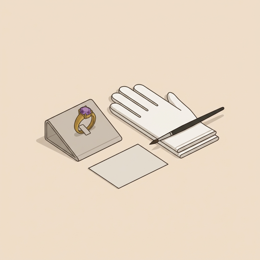 Minimalist vector still life of an ancient amethyst ring on a linen display pad beside archival gloves a conservation brush and provenance notes in Aurora Antiqua color palette