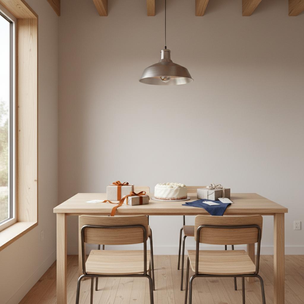 Intime Esstischszene mit Geschenken, Vanillekuchen und zwei Metallanhängern mit dezenten Gravuren – Welche Sprüche geben Kraft und Mut? Warmes Tageslicht, minimalistisch.