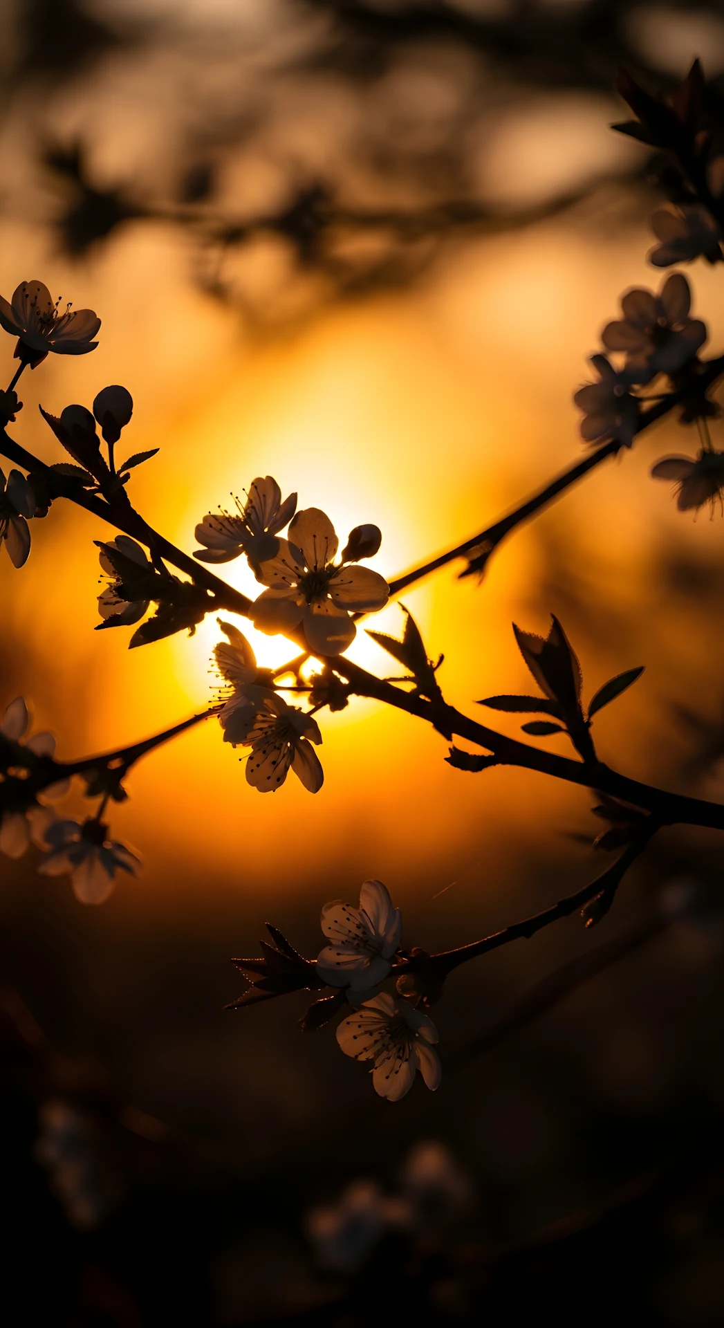 Close-up of Cherry Blossoms on Branch Silhouetted Against a Golden Sunset - Free 4K mobile Wallpaper