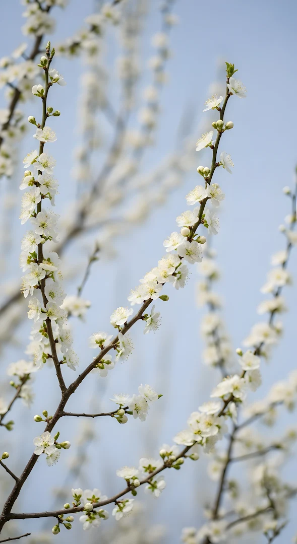 Delicate White Spring Blossoms Against Soft Blue Sky Bokeh