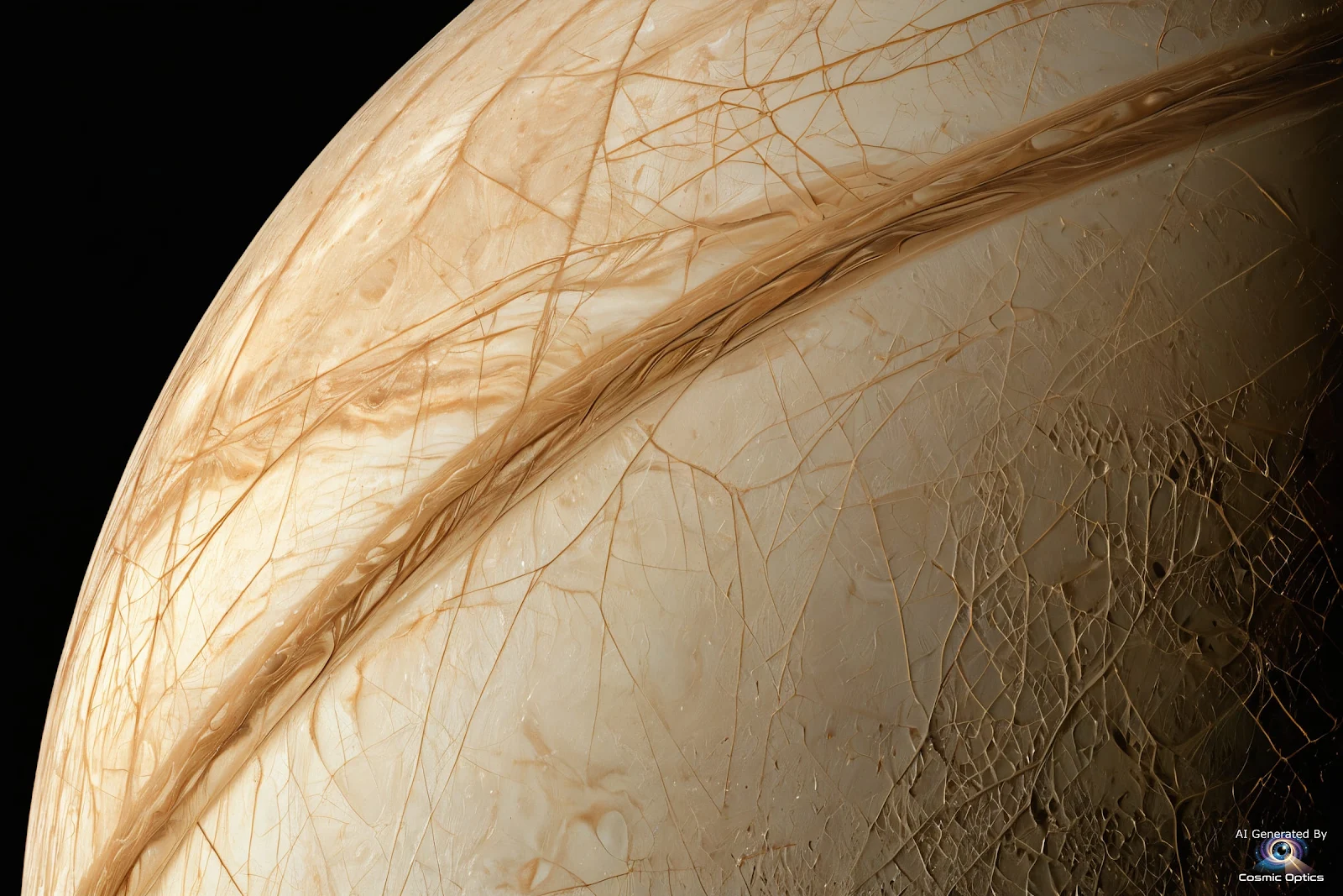 An authentic, photorealistic astronomical photograph of Jupiter's moon Europa in deep space. A highl_00007