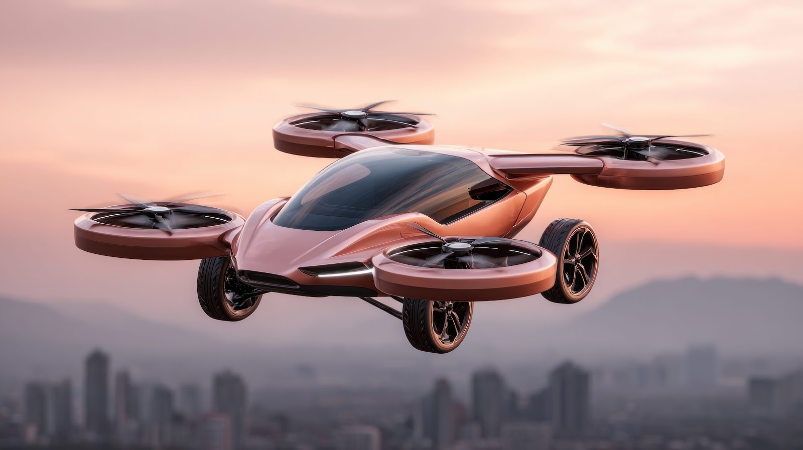 都市の上空を飛ぶ空飛ぶクルマ（eVTOL）のイメージ