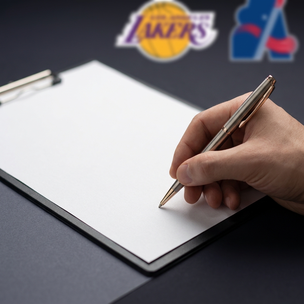Close up of a hand signing a contract with a sleek pen and a blurred team logo in the background lakers pelicans prediction minimalist Funded Plays aesthetic on dark background