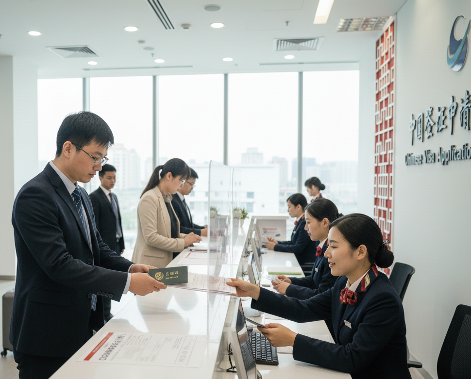 중국비자신청서비스센터 창구에서 취업비자 신청 서류와 여권을 접수하는 모습