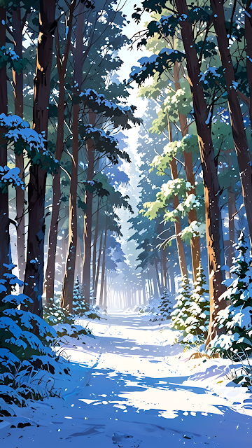 Sunlit Winter Forest Path Through Snow Covered Pine Trees - Free mobile Wallpaper