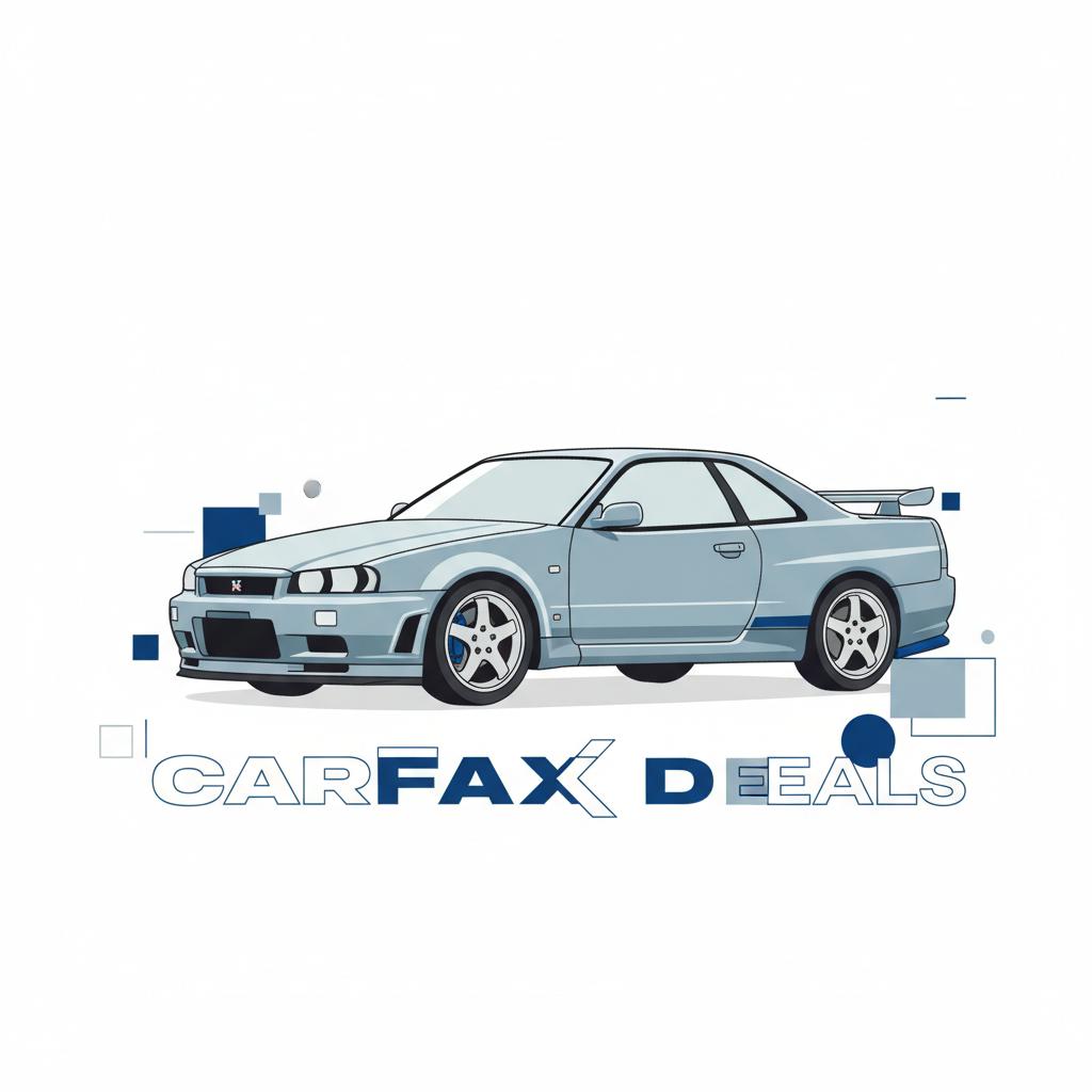 Minimalist vector illustration of a nissan skyline r34 for sale centered on white background with blue accents and dark outlines modern clean automotive listing style