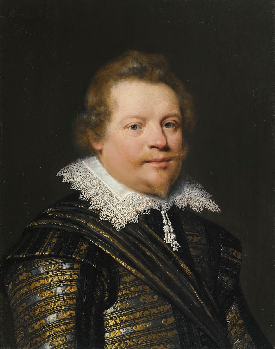 Portrait Of A Gentleman Wearing A Black And Gold Embroidered Doublet And A White