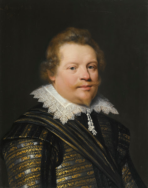 Portrait Of A Gentleman Wearing A Black And Gold Embroidered Doublet And A White