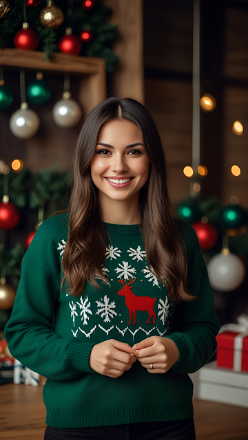 Smiling Woman Green Christmas Sweater Festive Portrait - Free mobile Wallpaper