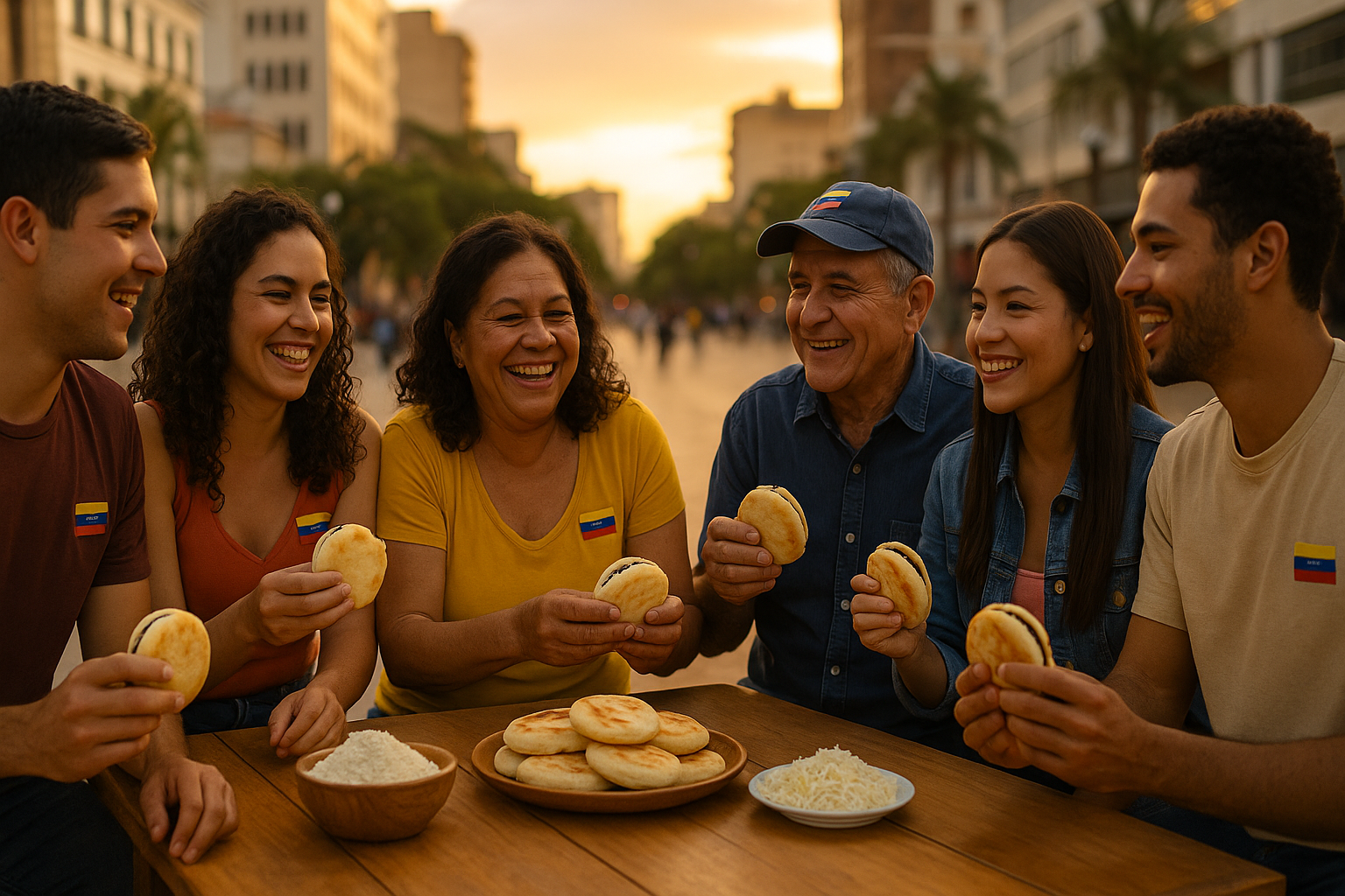 Venezolanos en la diáspora compartiendo arepas en una plaza, ambiente cálido y esperanzador