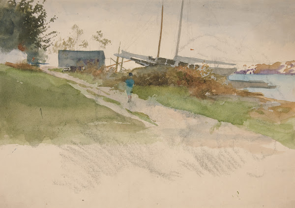 Landscape with figure walking along a path water indistance