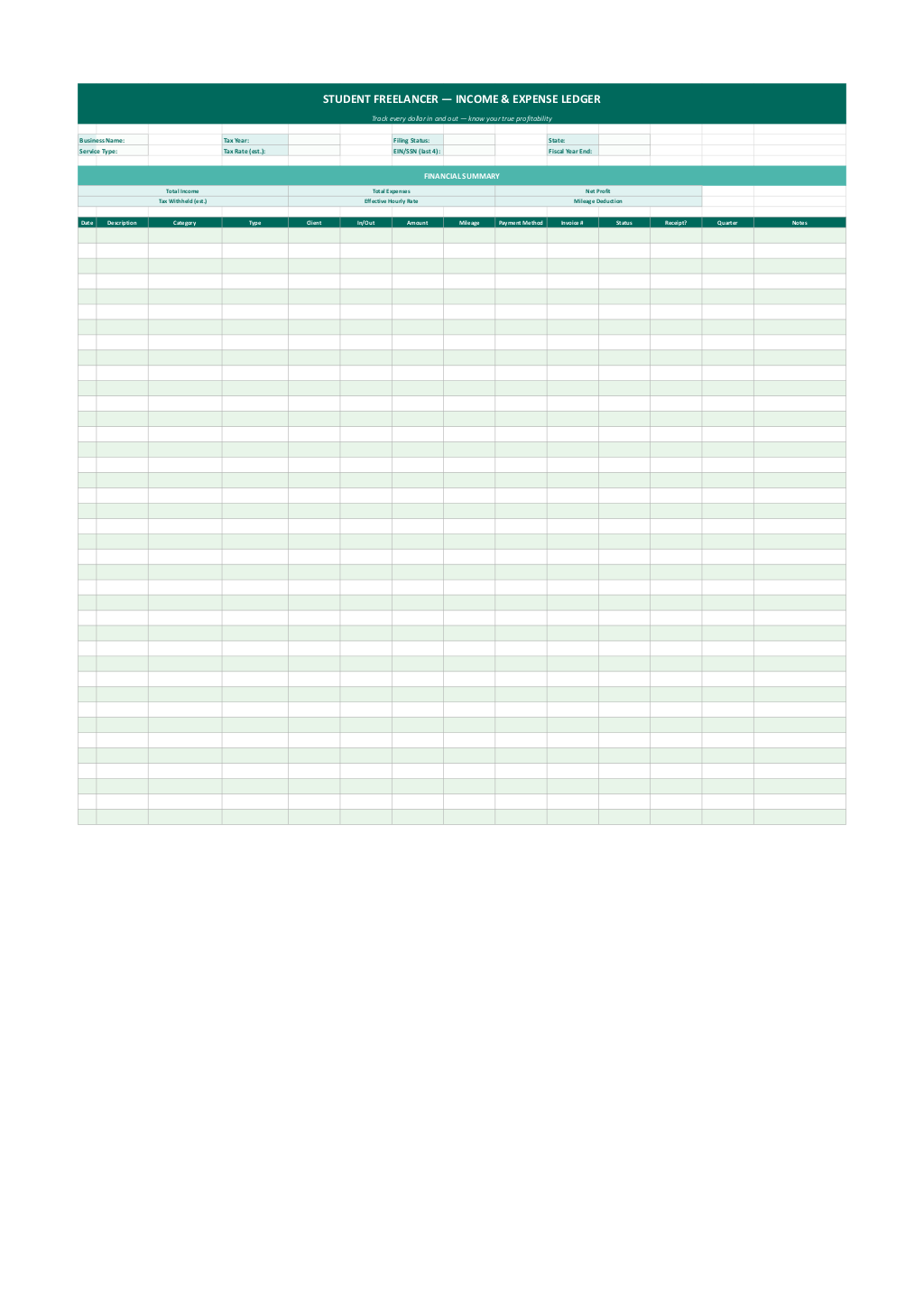 Student Freelancer Business Ledger