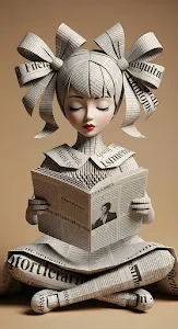 Paper Art Sculpture of Girl Reading Newspaper Book
