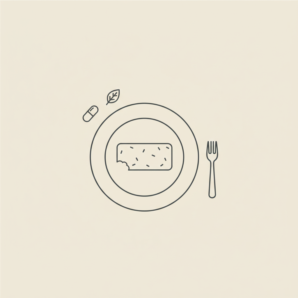 Minimal Tonum-style line illustration of a plate with a meal replacement bar, small fork, capsule and leaf on beige background, representing meal replacement bars
