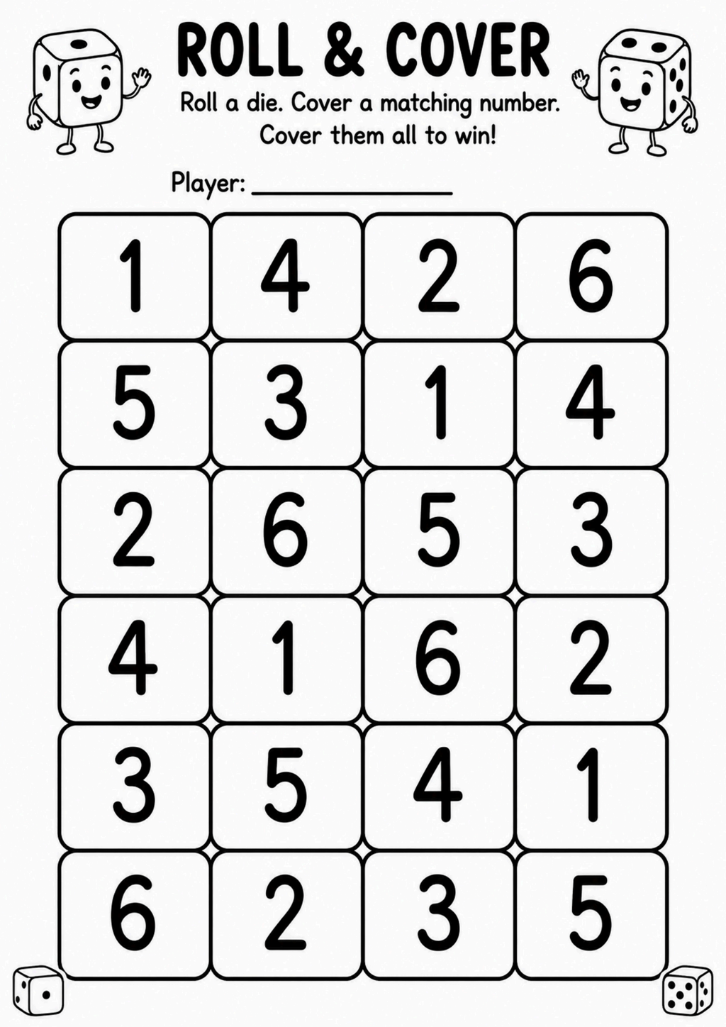 Roll and Cover Math Game Worksheet