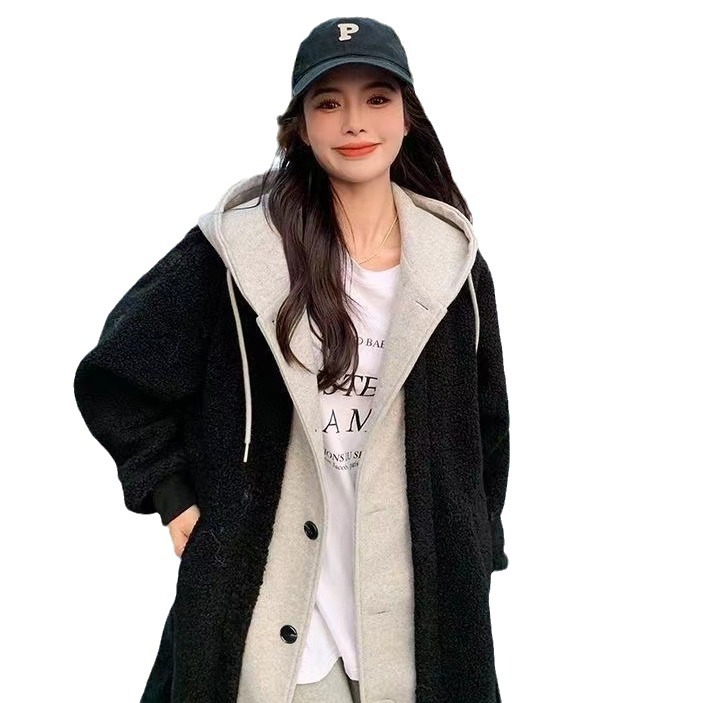 Lamb fleece imitation coat with hood, mid-length, lined