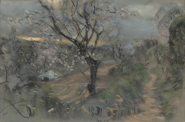 A Hillside Path with Blooming Cherry Trees under an Overcast Sky 1905