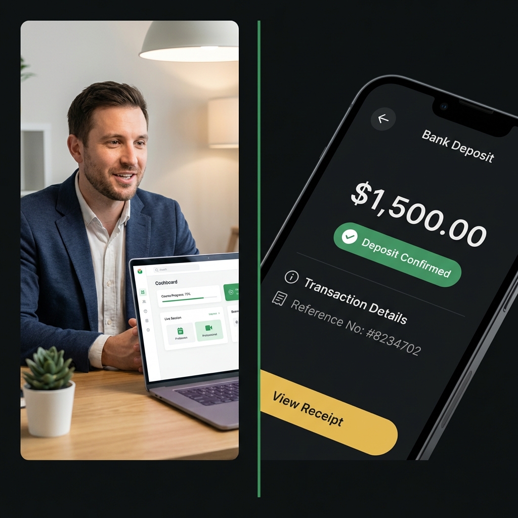 Split image of an instructor teaching an online course and a bank deposit confirmation screen illustrating passive ways of income in a minimalist Finance Police brand style
