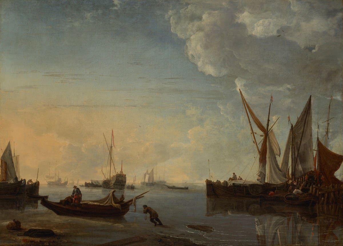 Ships in a calm at sunset