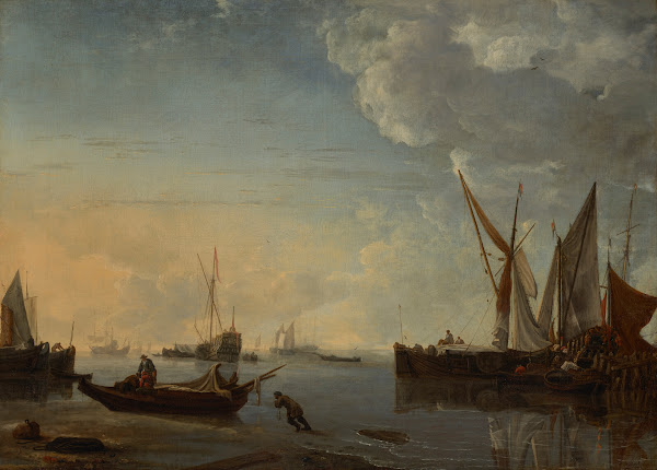 Ships in a calm at sunset