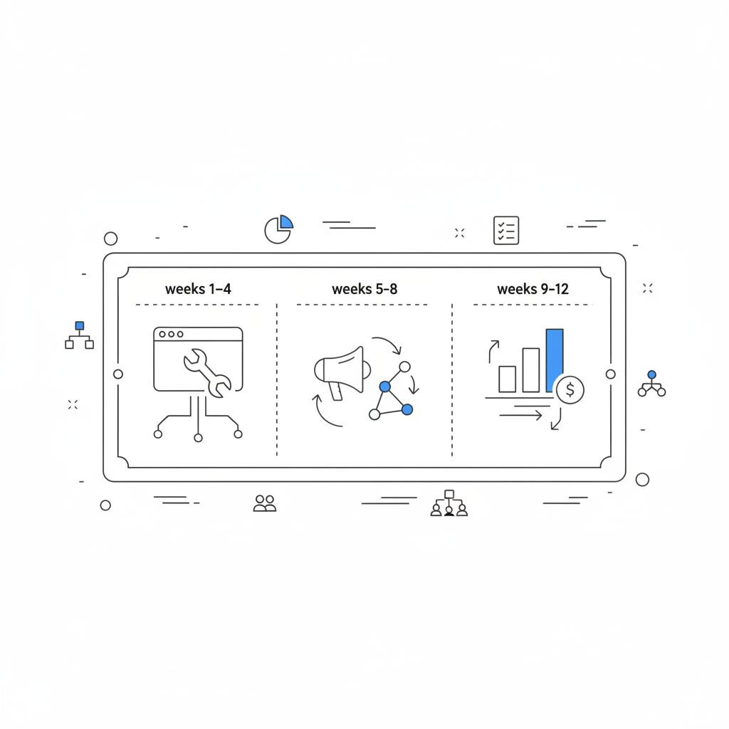 Minimal 2D vector notebook-style 90-day roadmap sketch for accounting clients showing three panels with icons for site fixes, outreach, and paid tests in brand colors