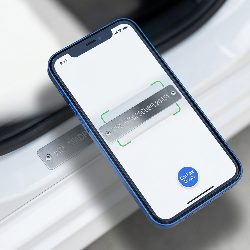 Close up of a VIN plate being scanned by a smartphone for a vehicle history report with CarFax Deals blue accents white background nissan 370z for sale
