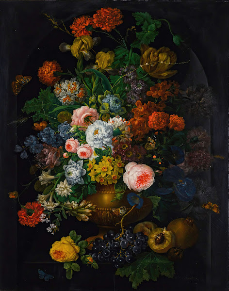 A still life of flowers in a vase with butterflies 1811