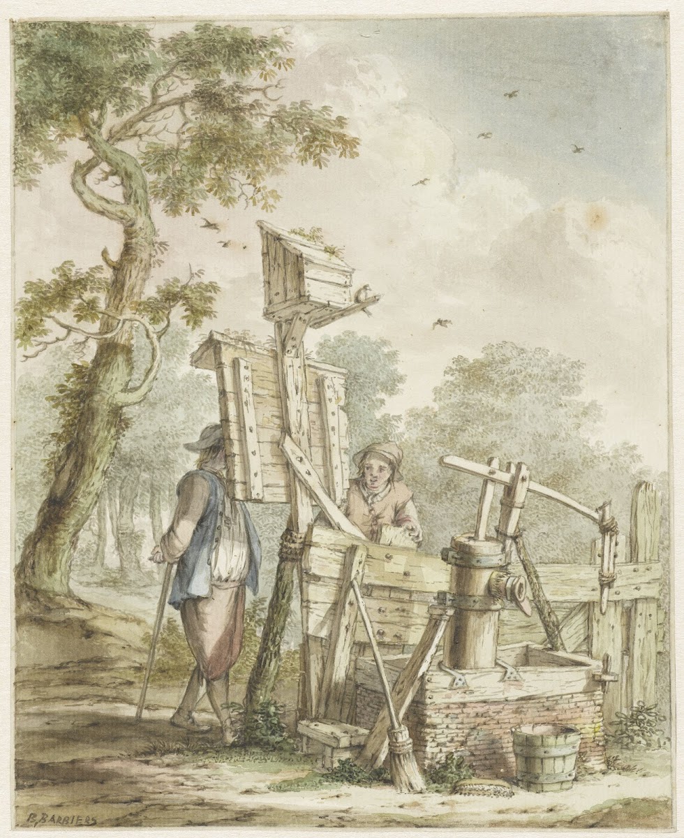 Landschap met twee mannen bij een aanplakbord bij een waterpomp Bartholomeus Bar