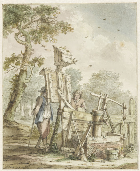 Landschap met twee mannen bij een aanplakbord bij een waterpomp Bartholomeus Bar
