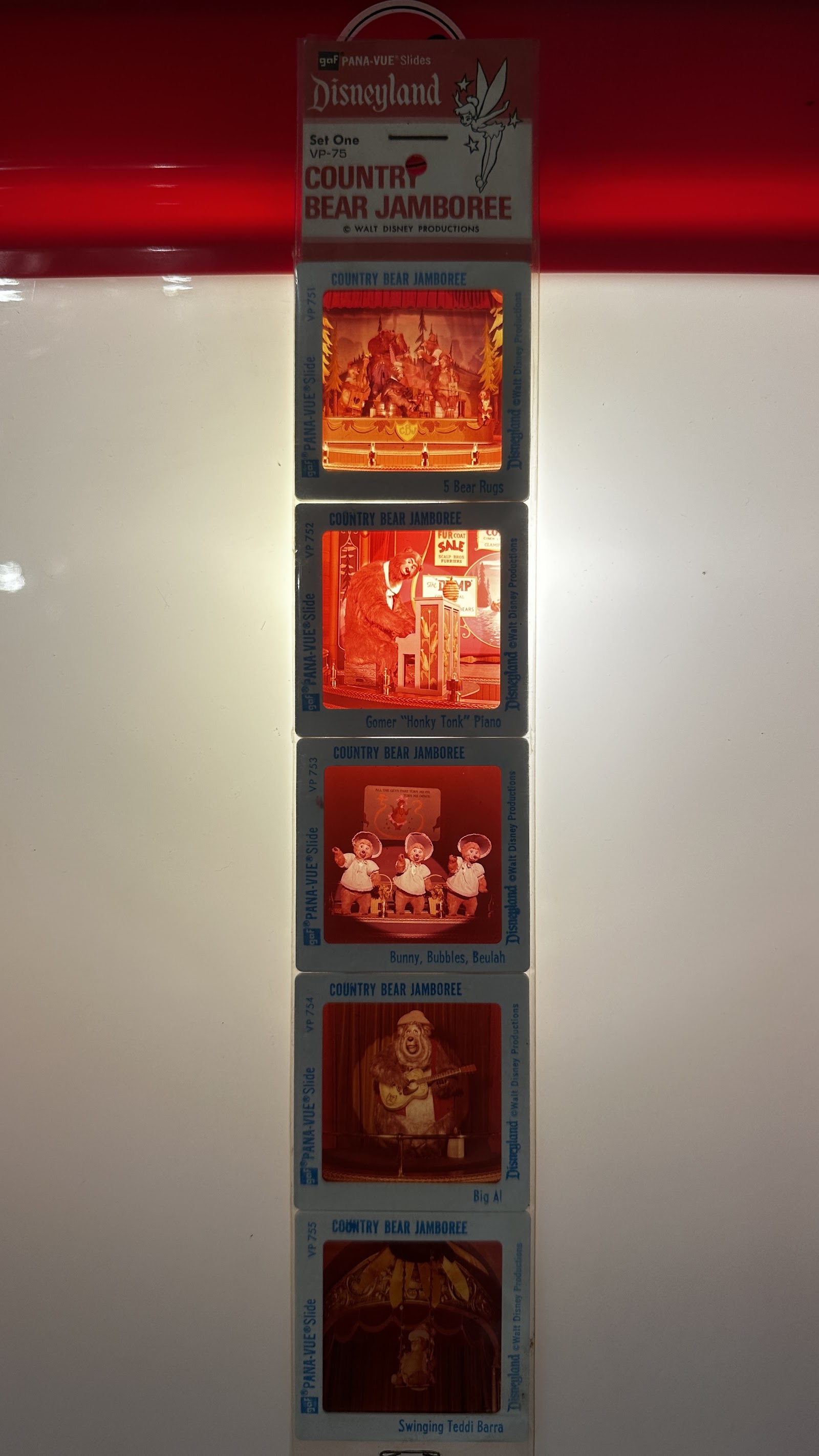 GAF Pana-Vue 35mm slide set VP-75 for Disneyland Country Bear Jamboree, Set One, showing five slides with Country Bear characters including Big Al and Teddi Barra
