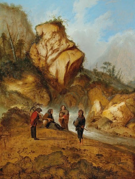 A Rocky Landscape With Miners At A Waterfall
