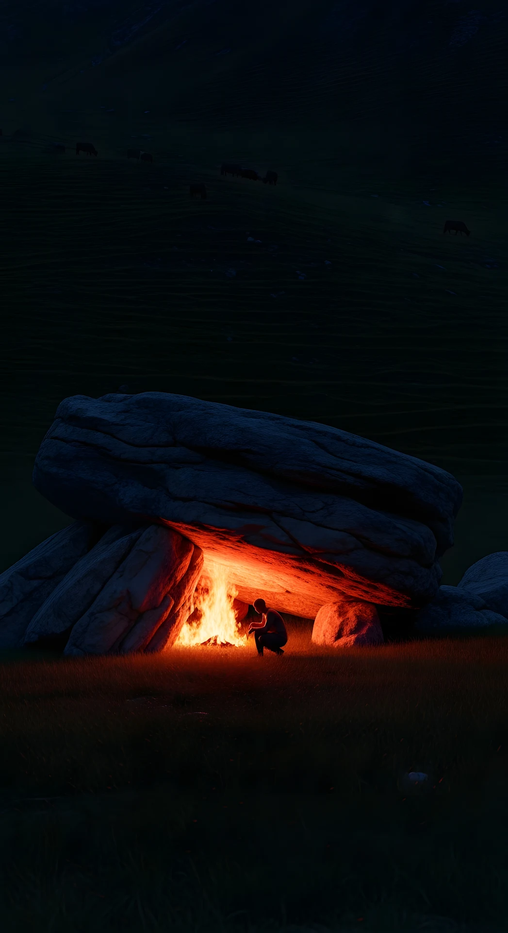 Isolated Figure Sheltering by a Bright Fire in a Rock Cave on a Dark Hillside at Night - Free 4K mobile Wallpaper
