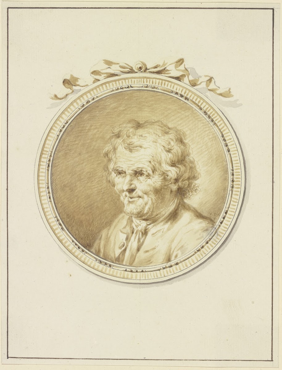 Bildnis eines alten Mannes nach links in einem Medaillon mit Schmuckband 1773