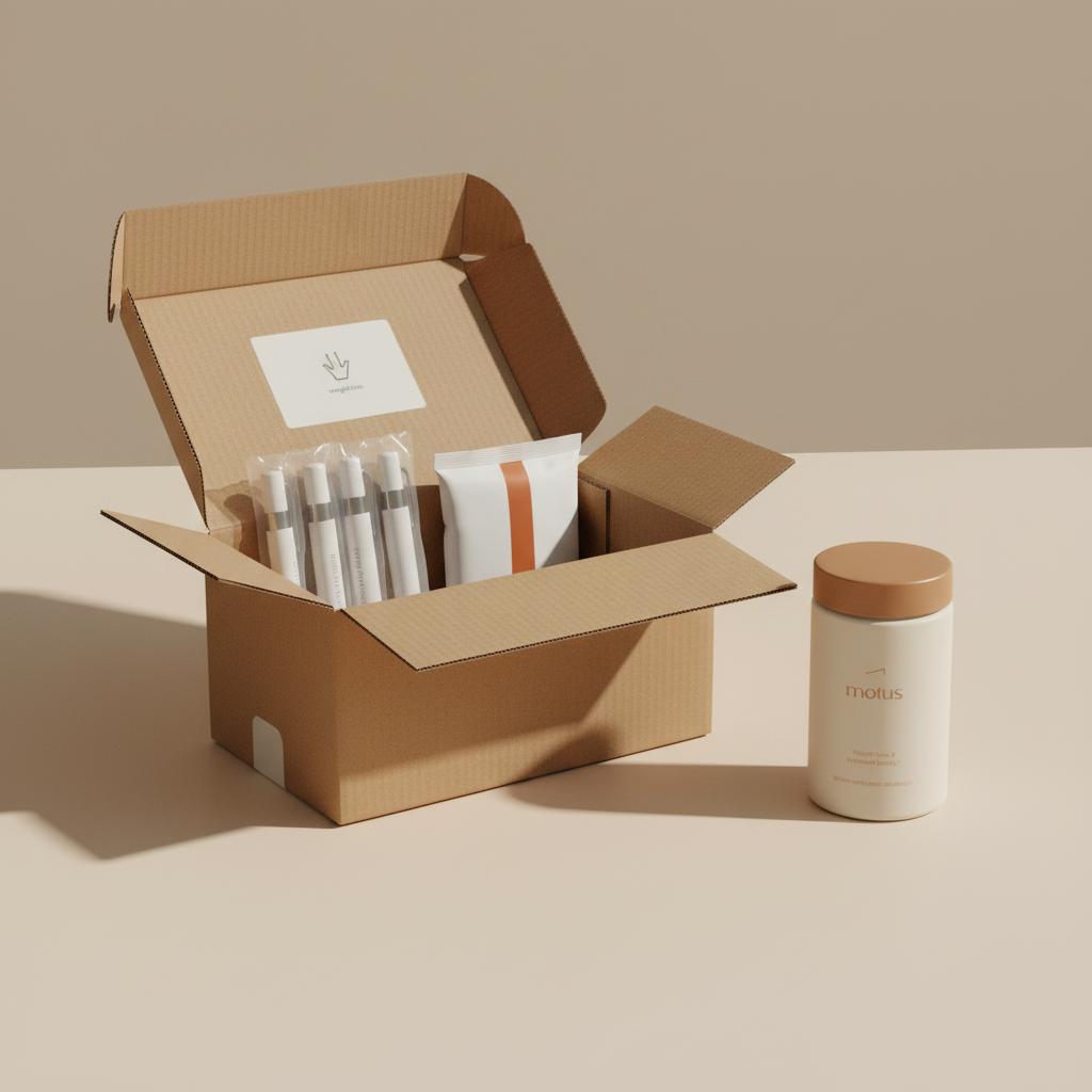 Pharmacy counter with open insulated shipping box showing prefilled pens, cold-pack, and Tonum Motus container — Zepbound 3-month supply.