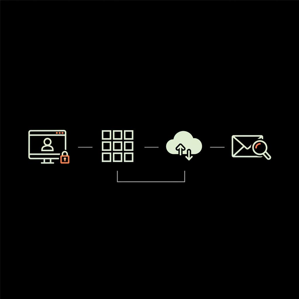 Minimal vector infographic with sign-in screen, office app, cloud storage and email inbox icons to find microsoft account name on a black background