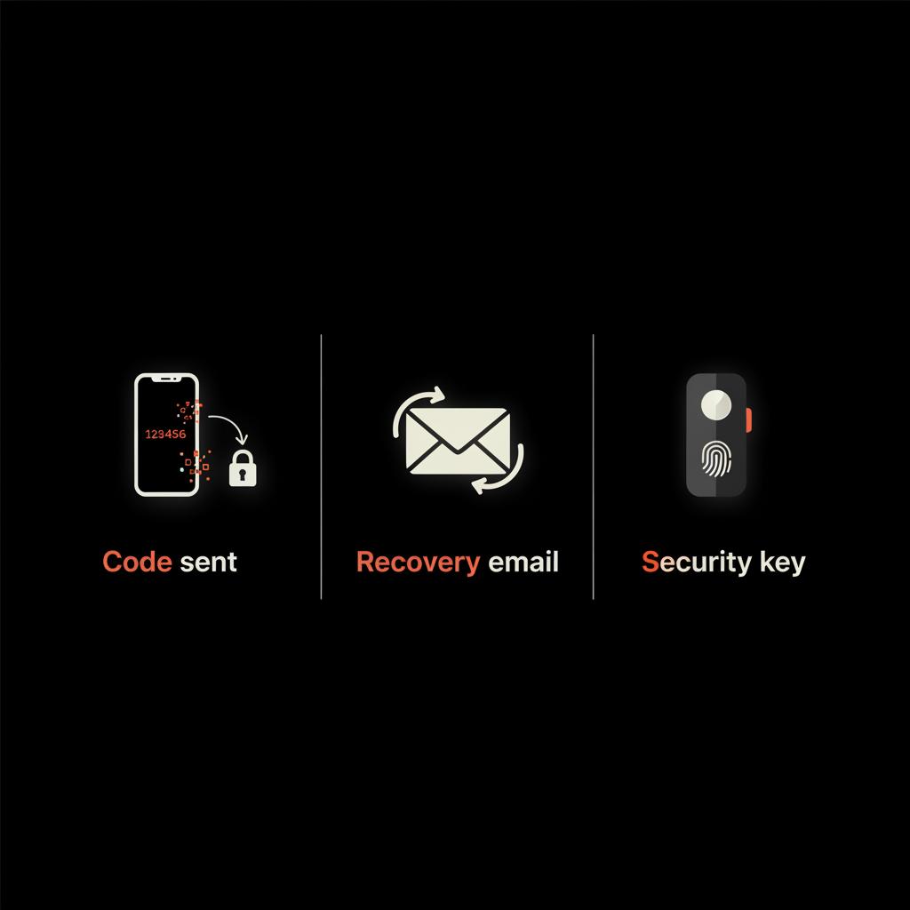 Minimal vector infographic on black background showing a phone receiving a code, a recovery email envelope, and a security key icon, designed to help users recover old Gmail account