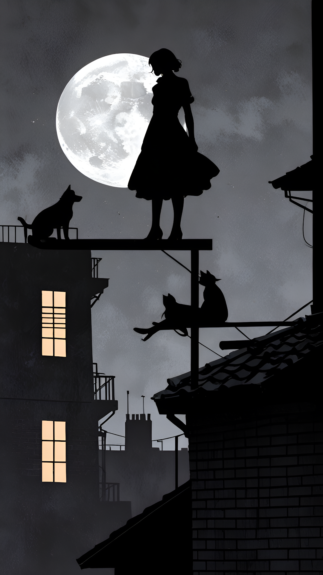 Rooftop Silhouette Girl and Animals Under Giant Full Moon Art - Free 4K mobile Wallpaper