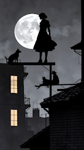 Rooftop Silhouette Girl and Animals Under Giant Full Moon Art