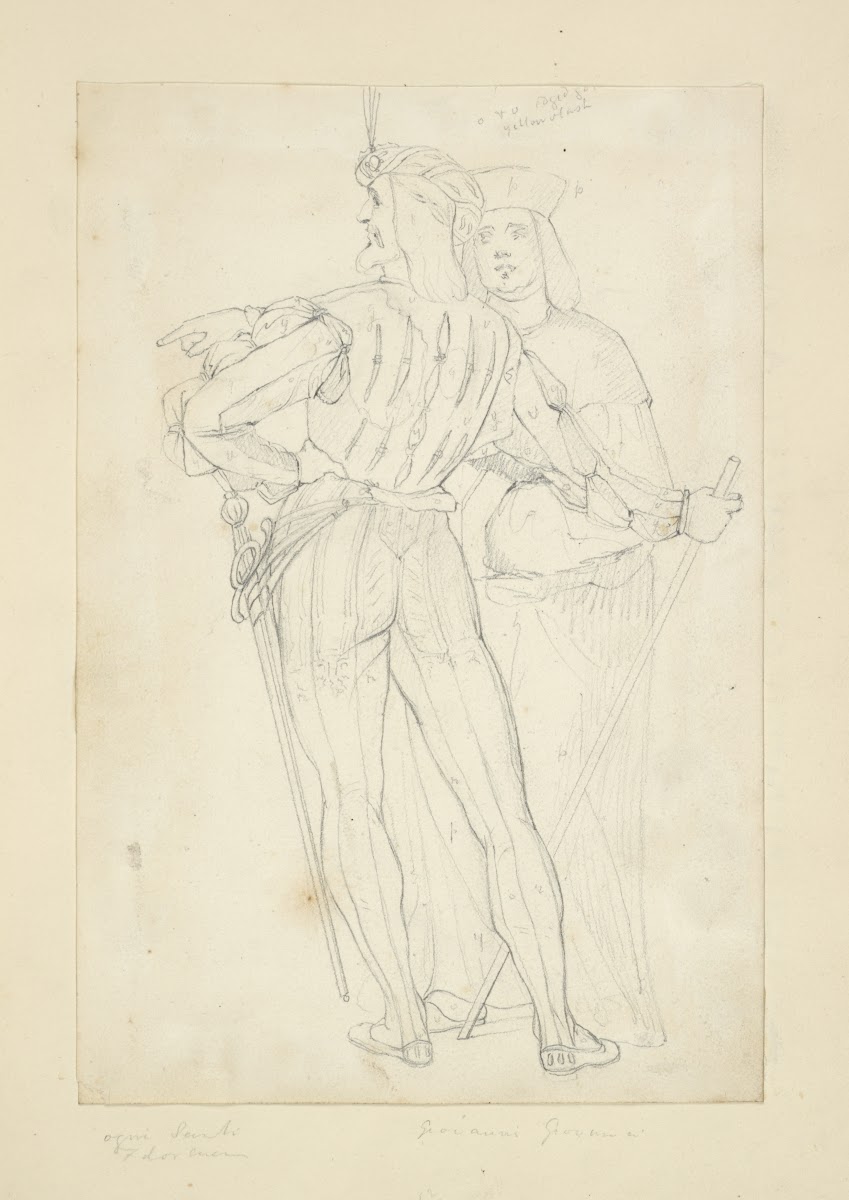 Two men one in back view wearing tights doublet sword a hat with plume and holdi
