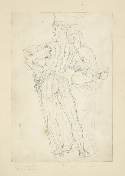 Two men one in back view wearing tights doublet sword a hat with plume and holdi