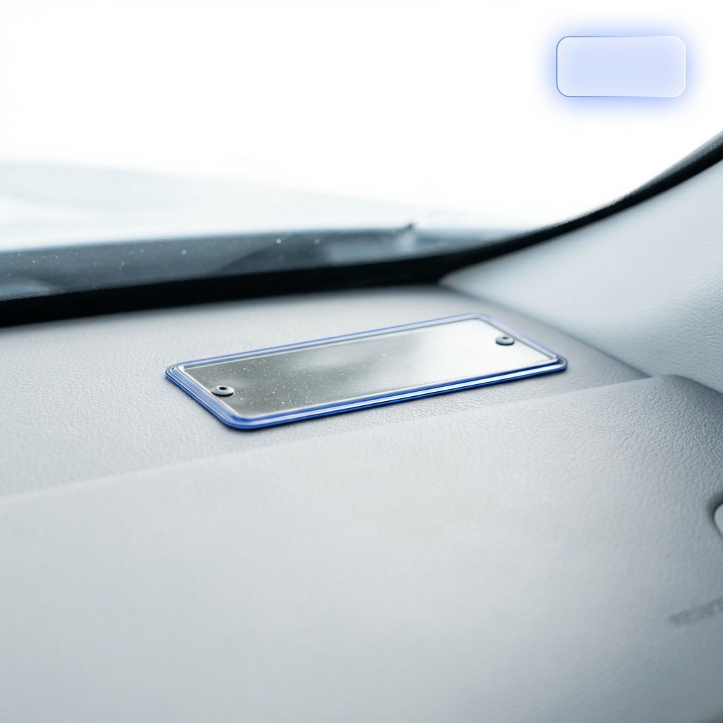 Close up photo of a car VIN plate on a dashboard with shallow depth of field and a subtle blue UI overlay representing online vehicle valuation