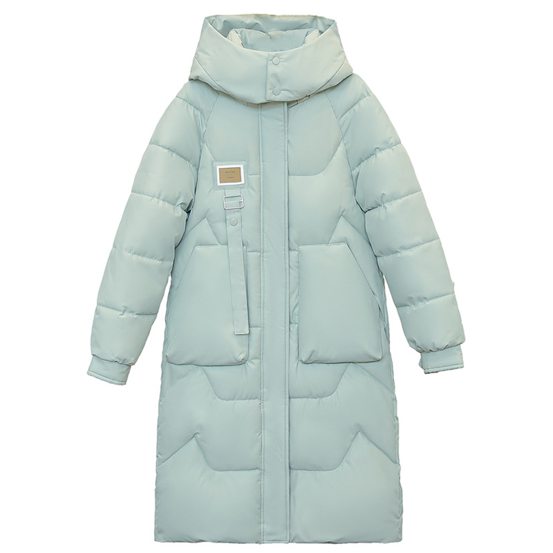 Long women's coat, knee-length, detachable hood