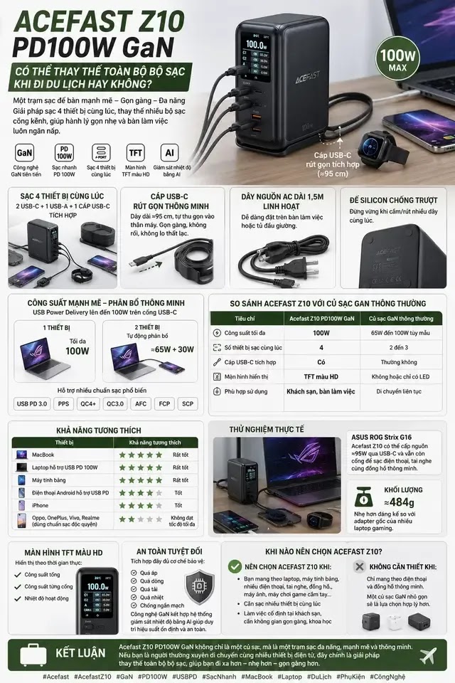 Acefast Z10 PD100W GaN có thể thay thế toàn bộ bộ sạc khi đi du lịch hay không #Acefast #AcefastZ10 #GaN #PD100W #USBPD 